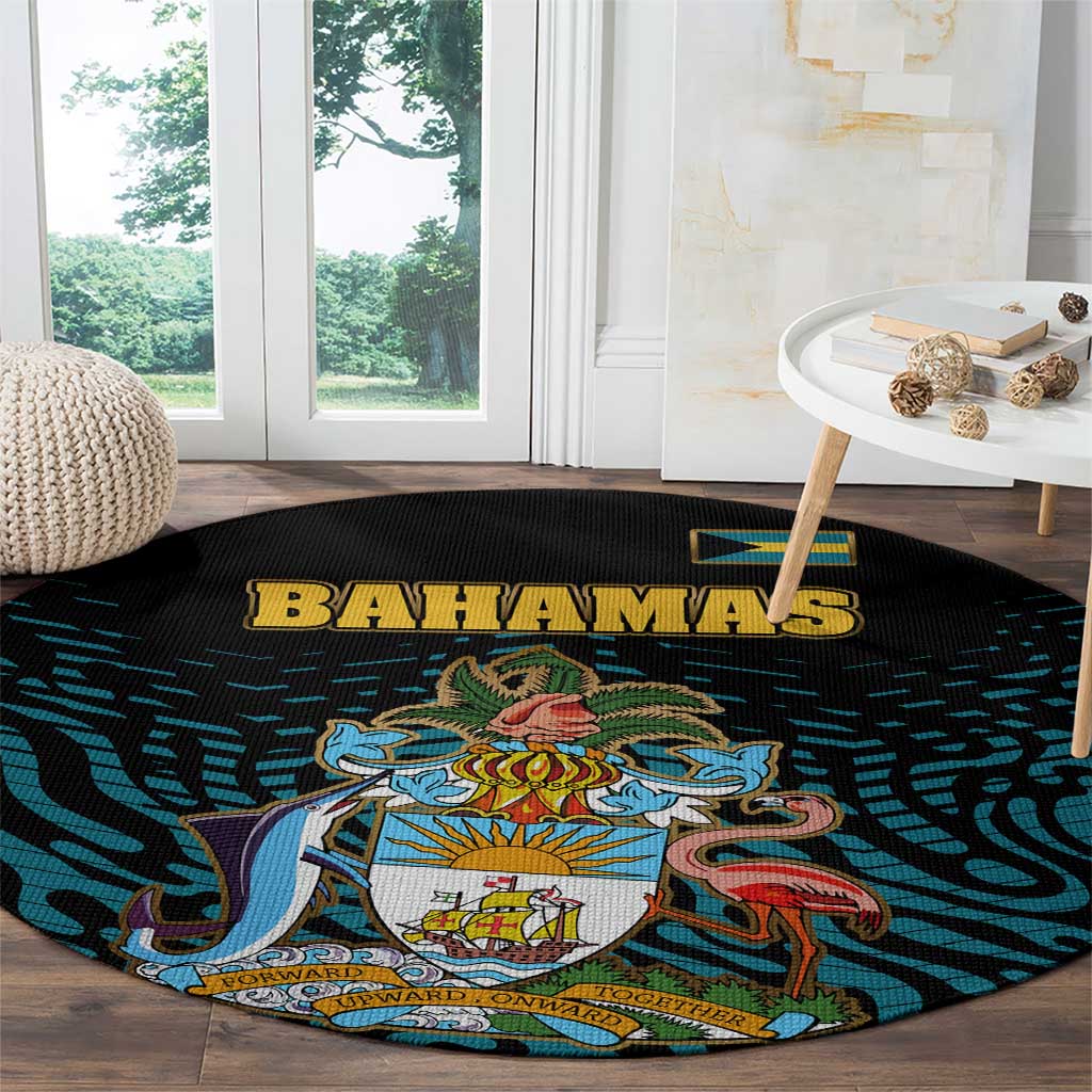 Bahamas Coat of Arms and Flag Round Carpet with Blue Coral Pattern and Marlin Crest - Wonder Print Shop