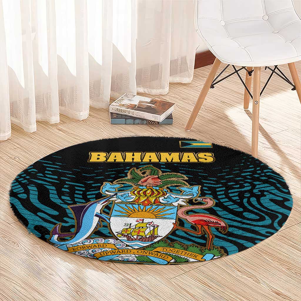 Bahamas Coat of Arms and Flag Round Carpet with Blue Coral Pattern and Marlin Crest - Wonder Print Shop