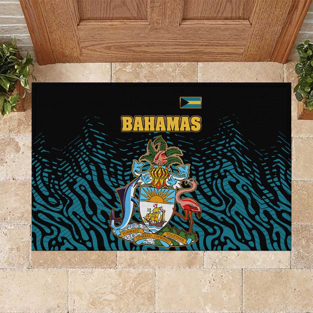 Bahamas Coat of Arms and Flag Rubber Doormat with Blue Coral Pattern and Marlin Crest - Wonder Print Shop