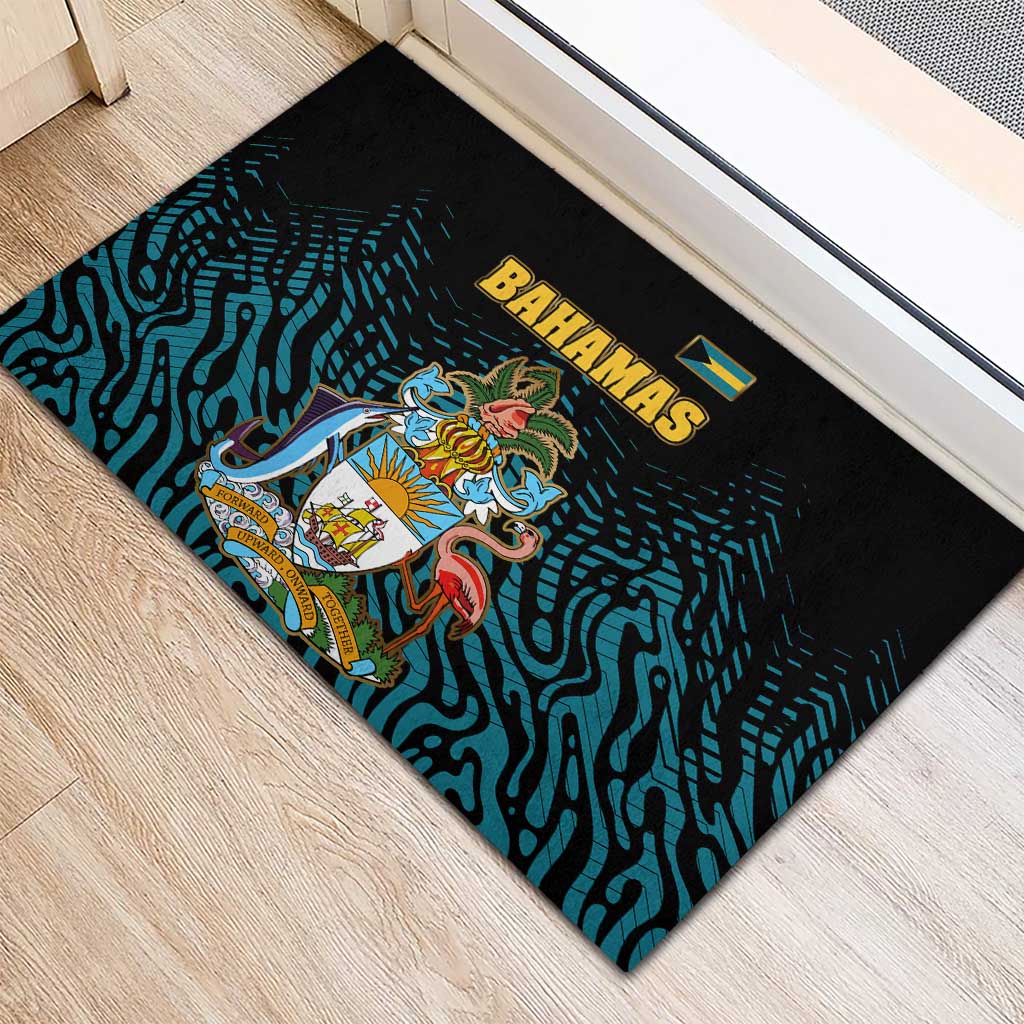 Bahamas Coat of Arms and Flag Rubber Doormat with Blue Coral Pattern and Marlin Crest - Wonder Print Shop