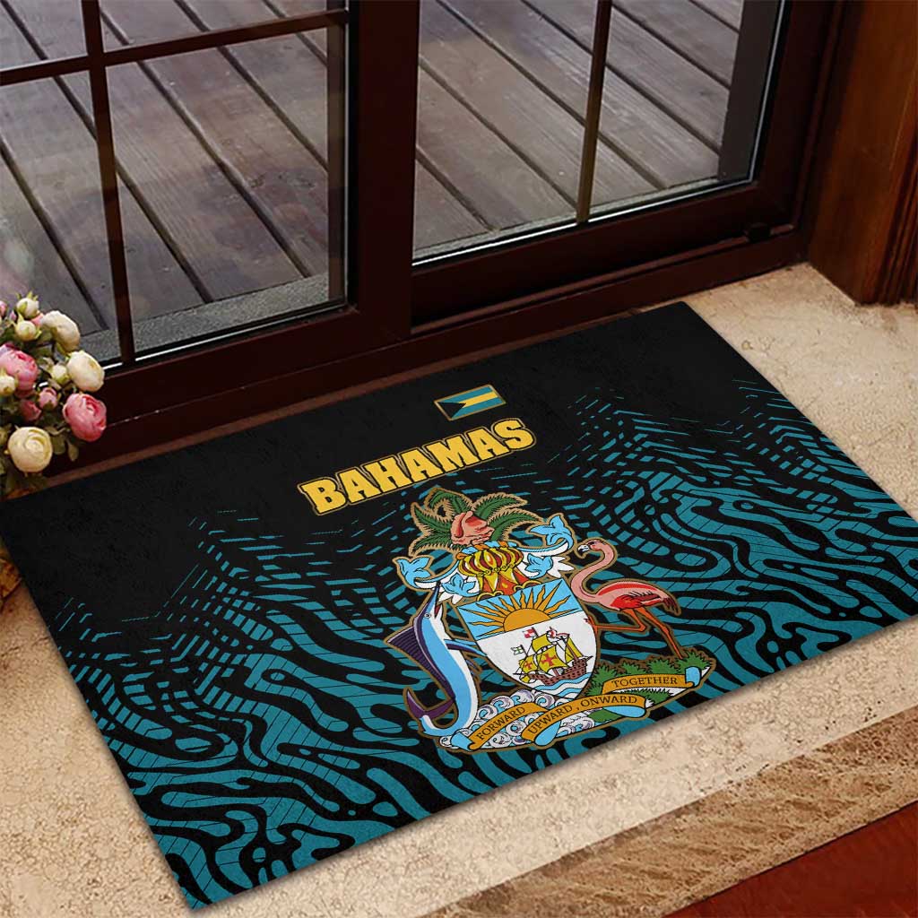 Bahamas Coat of Arms and Flag Rubber Doormat with Blue Coral Pattern and Marlin Crest - Wonder Print Shop