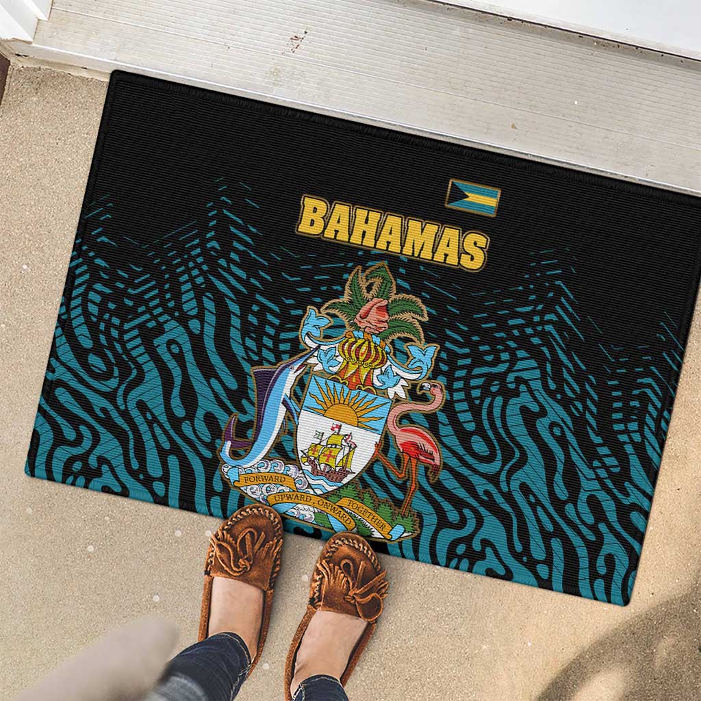Bahamas Coat of Arms and Flag Rubber Doormat with Blue Coral Pattern and Marlin Crest - Wonder Print Shop