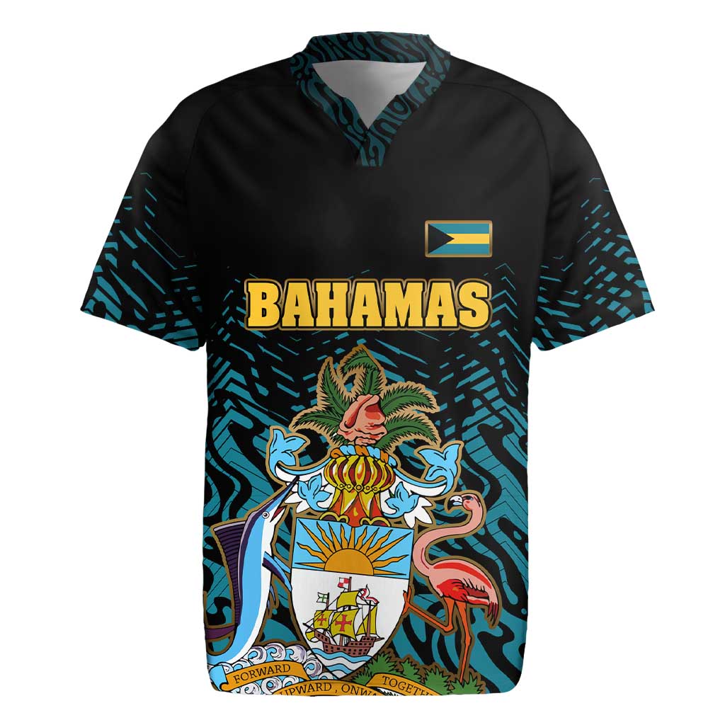 Bahamas Coat of Arms and Flag Rugby Jersey with Blue Coral Pattern and Marlin Crest - Wonder Print Shop