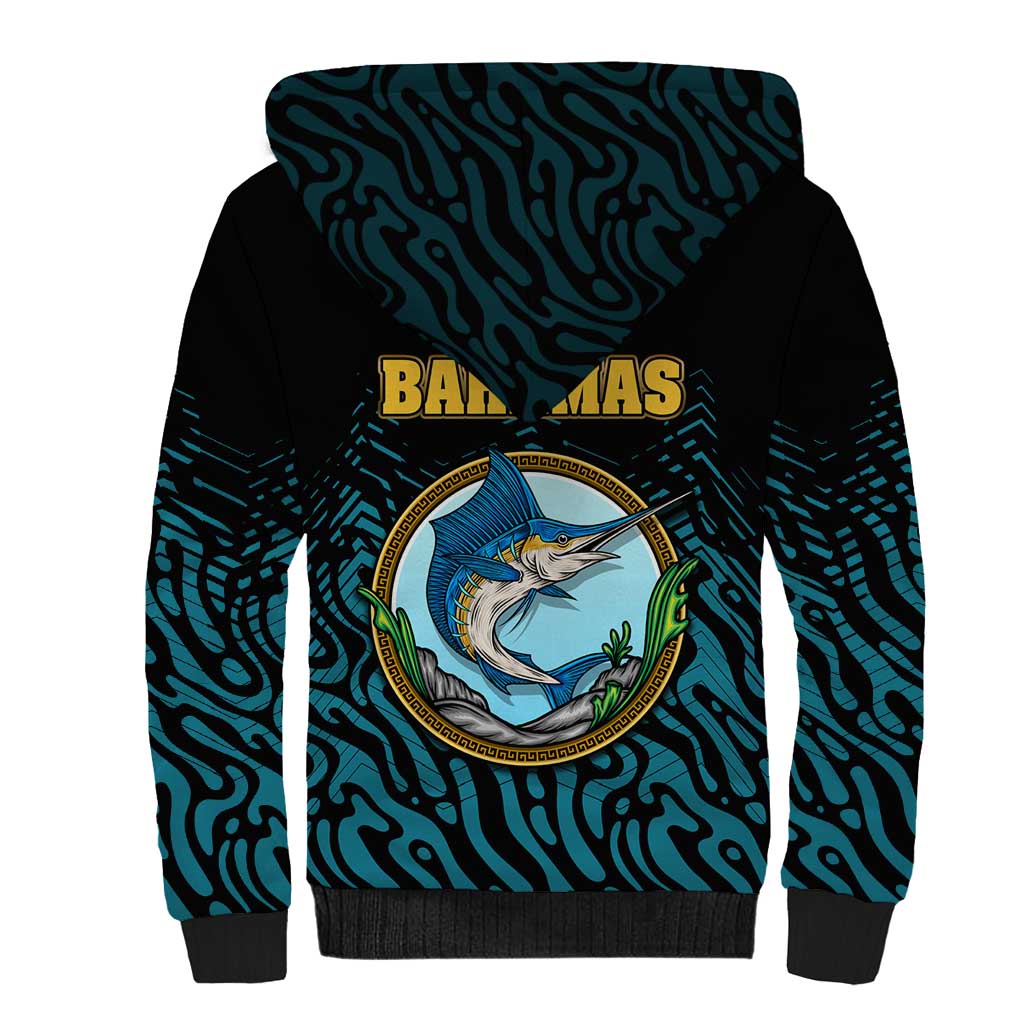 Bahamas Coat of Arms and Flag Sherpa Hoodie with Blue Coral Pattern and Marlin Crest - Wonder Print Shop