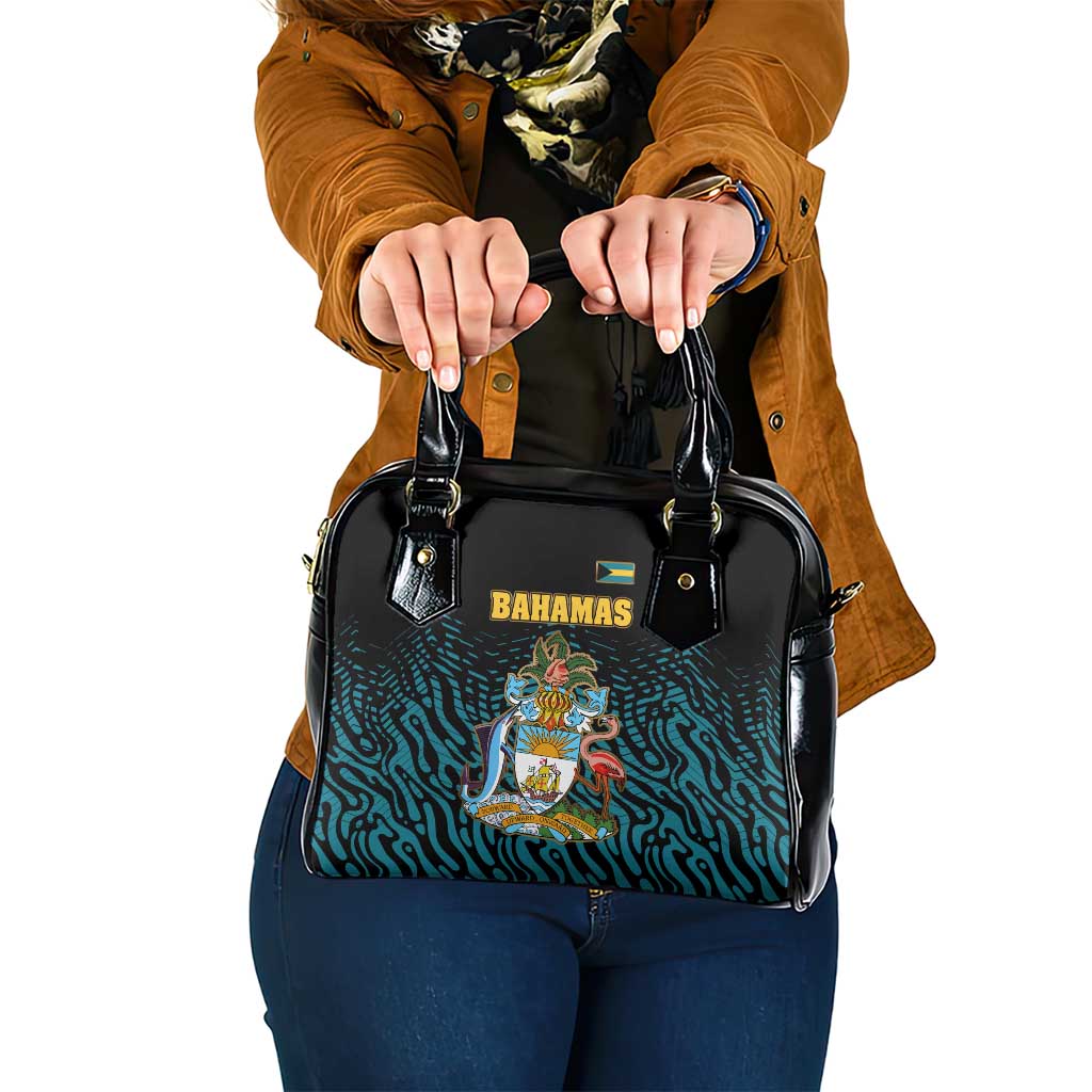 Bahamas Coat of Arms and Flag Shoulder Handbag with Blue Coral Pattern and Marlin Crest - Wonder Print Shop