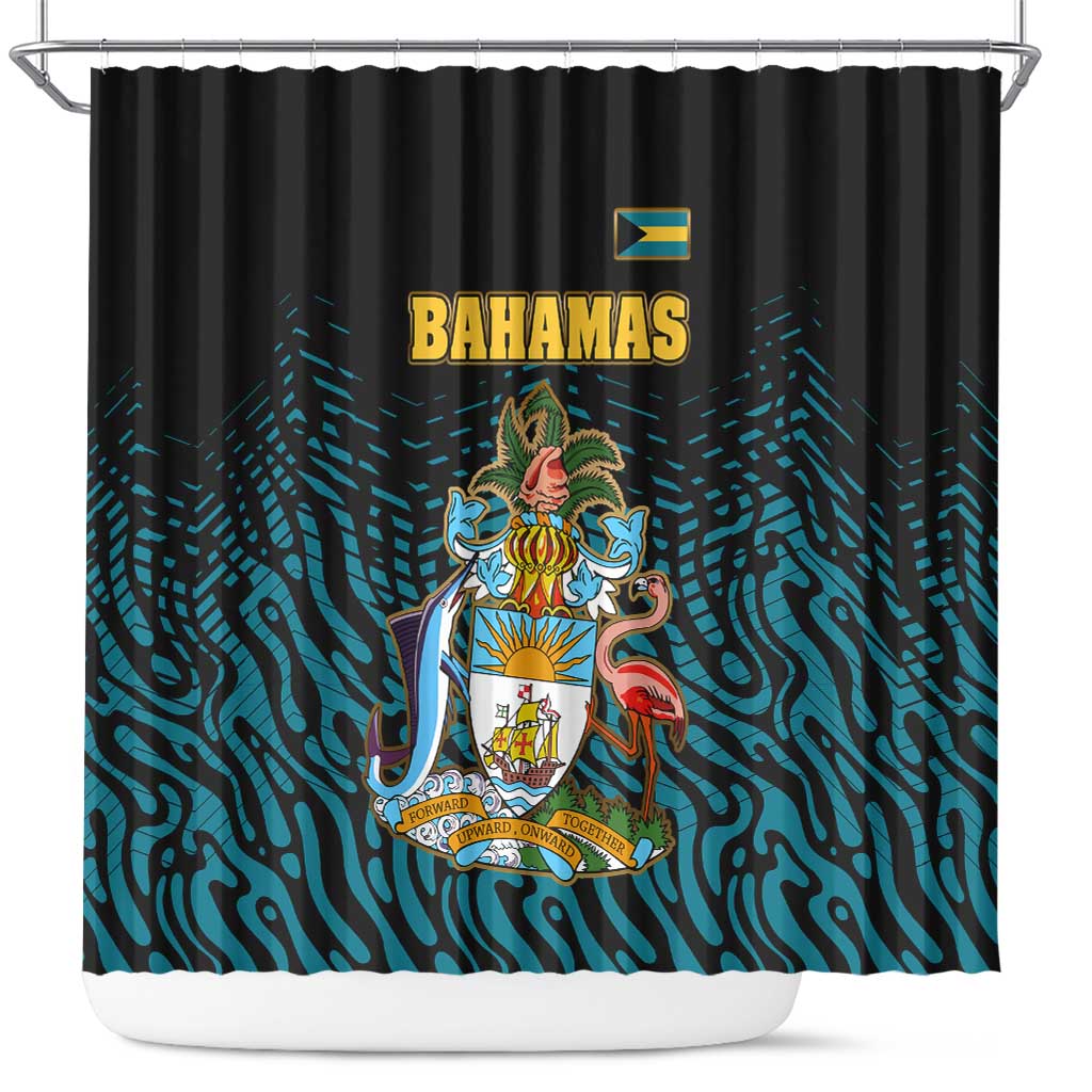 Bahamas Coat of Arms and Flag Shower Curtain with Blue Coral Pattern and Marlin Crest - Wonder Print Shop