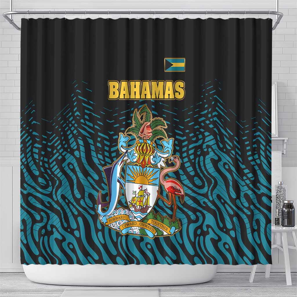 Bahamas Coat of Arms and Flag Shower Curtain with Blue Coral Pattern and Marlin Crest - Wonder Print Shop