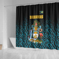 Bahamas Coat of Arms and Flag Shower Curtain with Blue Coral Pattern and Marlin Crest - Wonder Print Shop