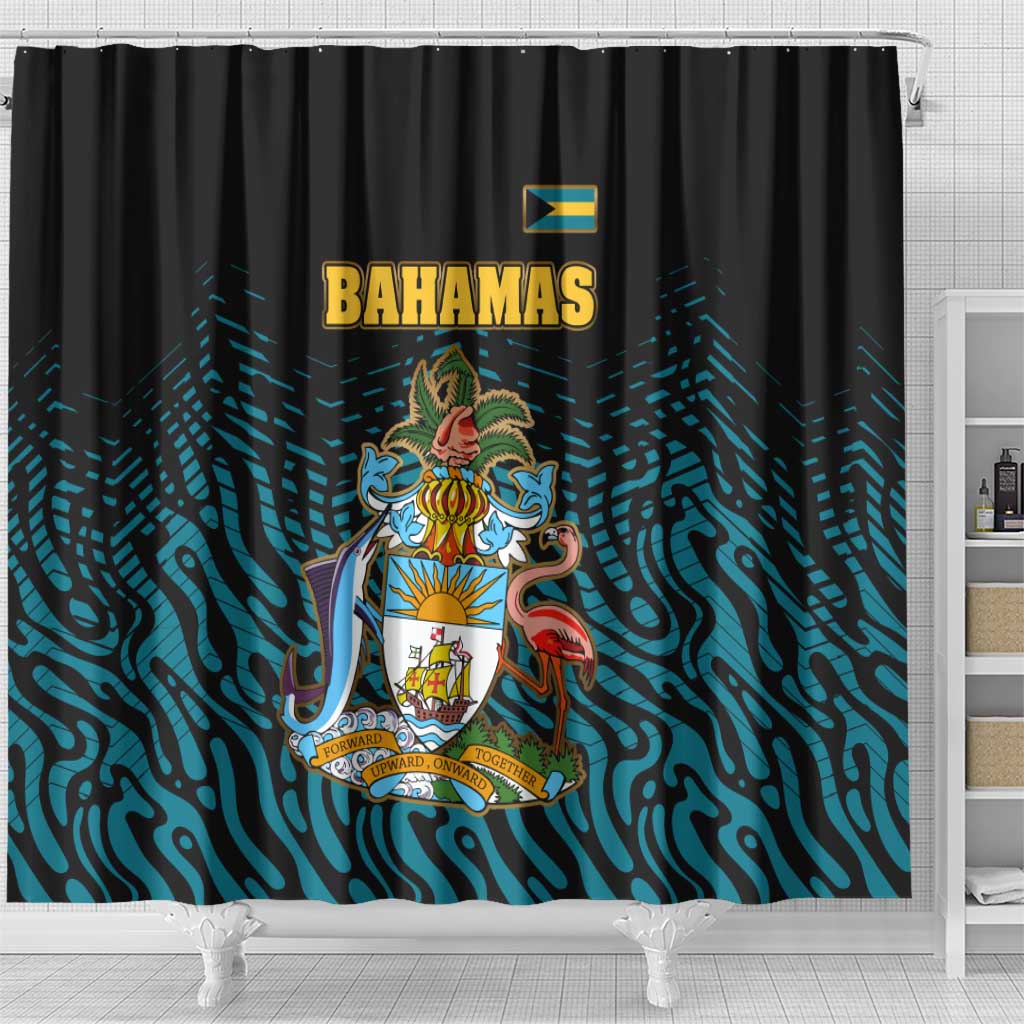 Bahamas Coat of Arms and Flag Shower Curtain with Blue Coral Pattern and Marlin Crest - Wonder Print Shop
