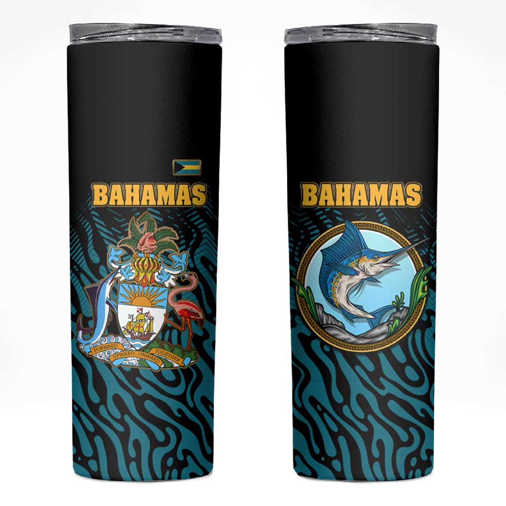 Bahamas Coat of Arms and Flag Skinny Tumbler with Blue Coral Pattern and Marlin Crest - Wonder Print Shop