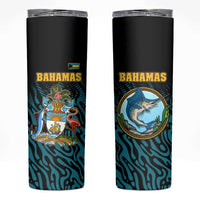 Bahamas Coat of Arms and Flag Skinny Tumbler with Blue Coral Pattern and Marlin Crest - Wonder Print Shop