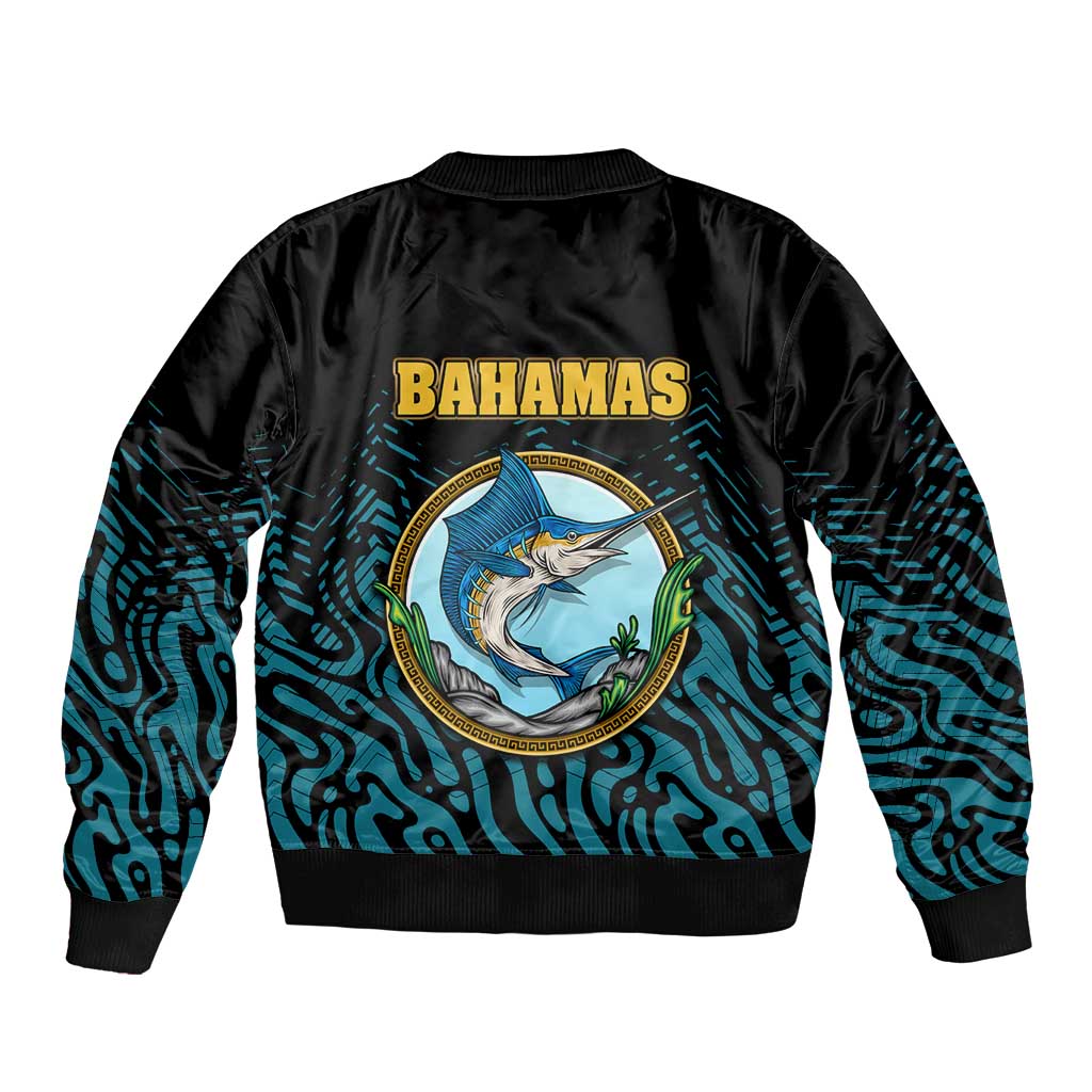 Bahamas Coat of Arms and Flag Sleeve Zip Bomber Jacket with Blue Coral Pattern and Marlin Crest - Wonder Print Shop