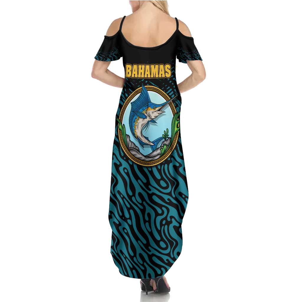 Bahamas Coat of Arms and Flag Summer Maxi Dress with Blue Coral Pattern and Marlin Crest - Wonder Print Shop