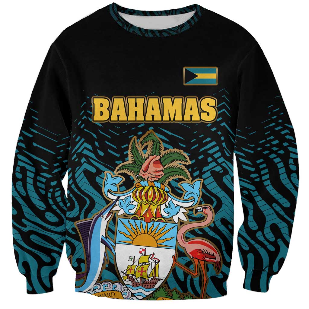 Bahamas Coat of Arms and Flag Sweatshirt with Blue Coral Pattern and Marlin Crest - Wonder Print Shop