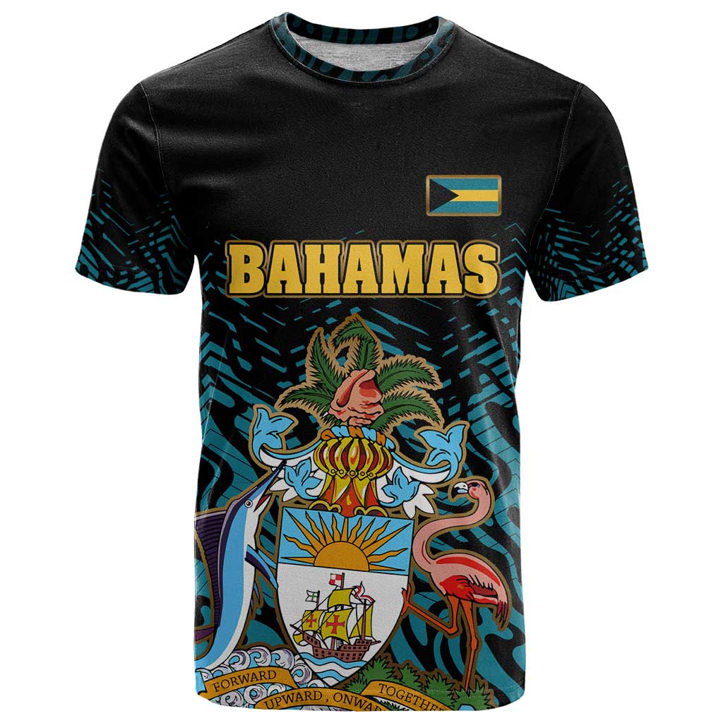 Bahamas Coat of Arms and Flag T Shirt with Blue Coral Pattern and Marlin Crest - Wonder Print Shop