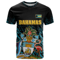 Bahamas Coat of Arms and Flag T Shirt with Blue Coral Pattern and Marlin Crest - Wonder Print Shop
