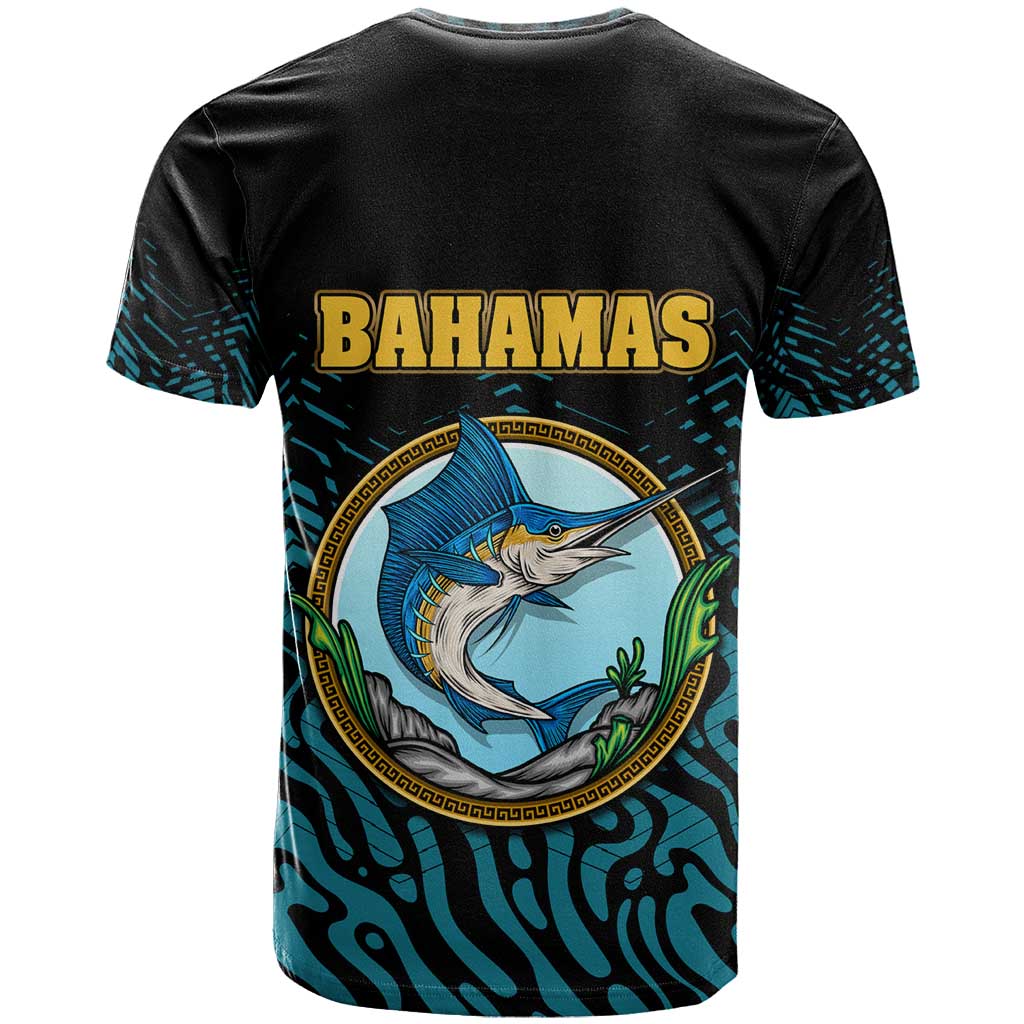 Bahamas Coat of Arms and Flag T Shirt with Blue Coral Pattern and Marlin Crest - Wonder Print Shop
