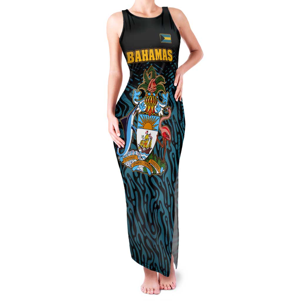 Bahamas Coat of Arms and Flag Tank Maxi Dress with Blue Coral Pattern and Marlin Crest - Wonder Print Shop