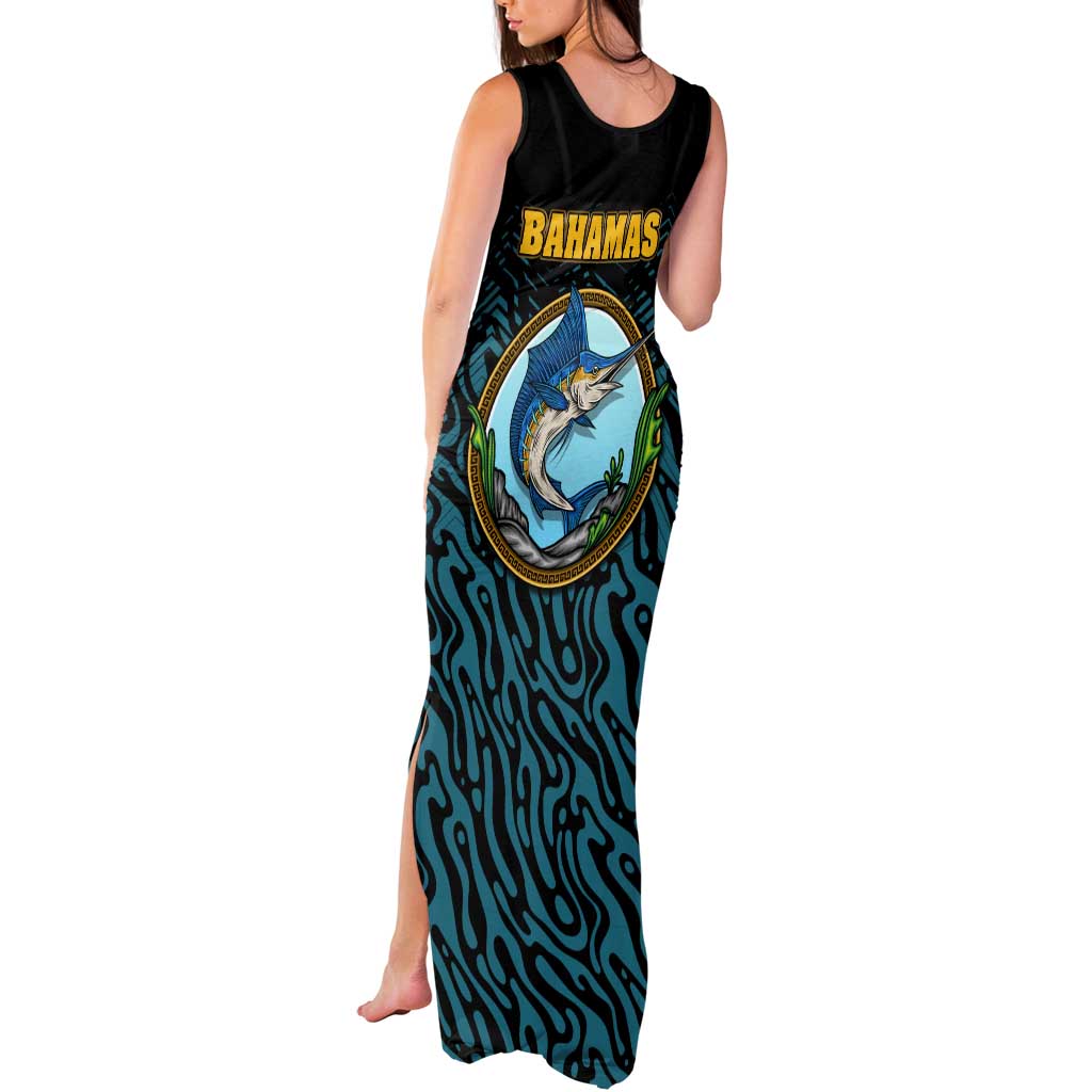 Bahamas Coat of Arms and Flag Tank Maxi Dress with Blue Coral Pattern and Marlin Crest - Wonder Print Shop