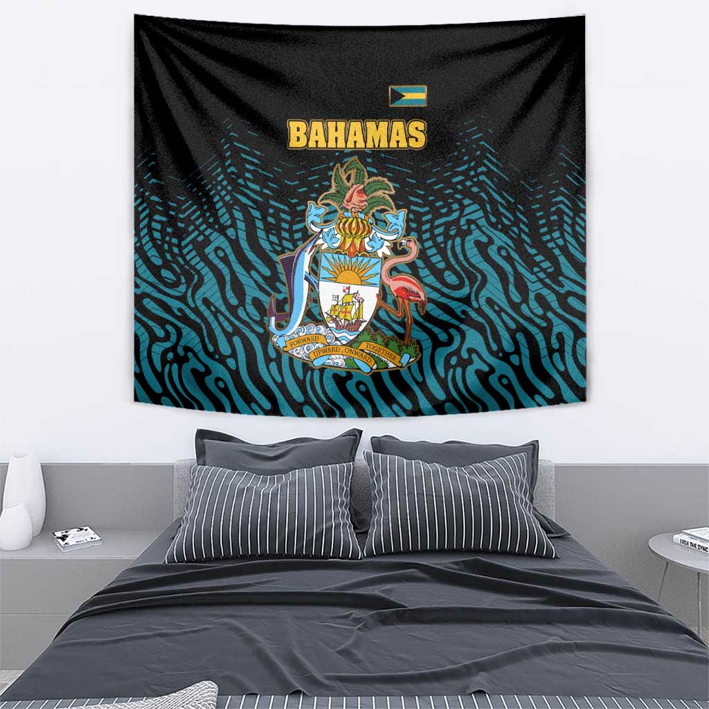 Bahamas Coat of Arms and Flag Tapestry with Blue Coral Pattern and Marlin Crest - Wonder Print Shop