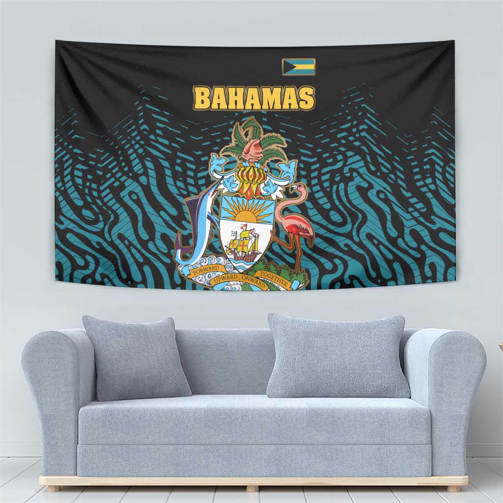 Bahamas Coat of Arms and Flag Tapestry with Blue Coral Pattern and Marlin Crest - Wonder Print Shop