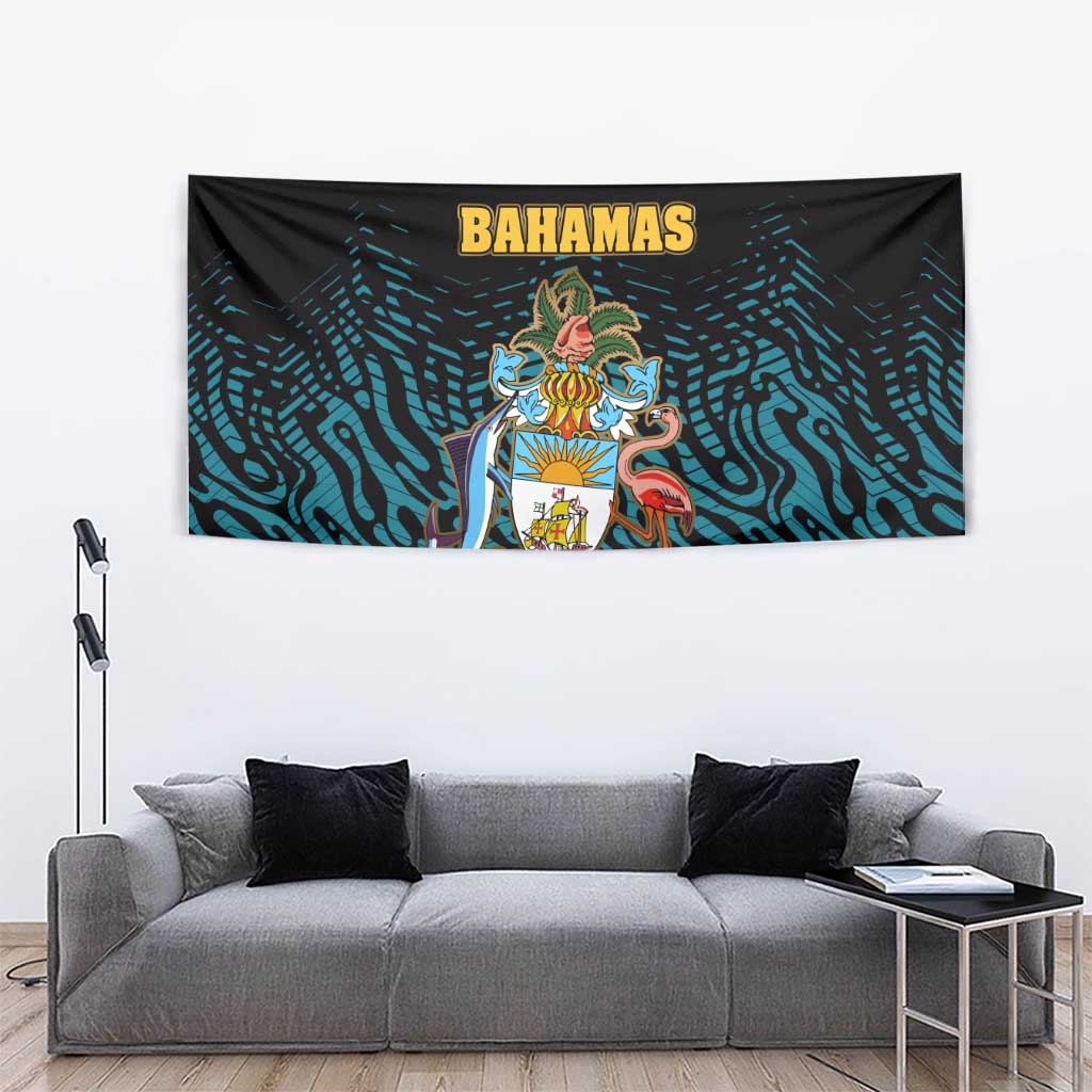 Bahamas Coat of Arms and Flag Tapestry with Blue Coral Pattern and Marlin Crest - Wonder Print Shop