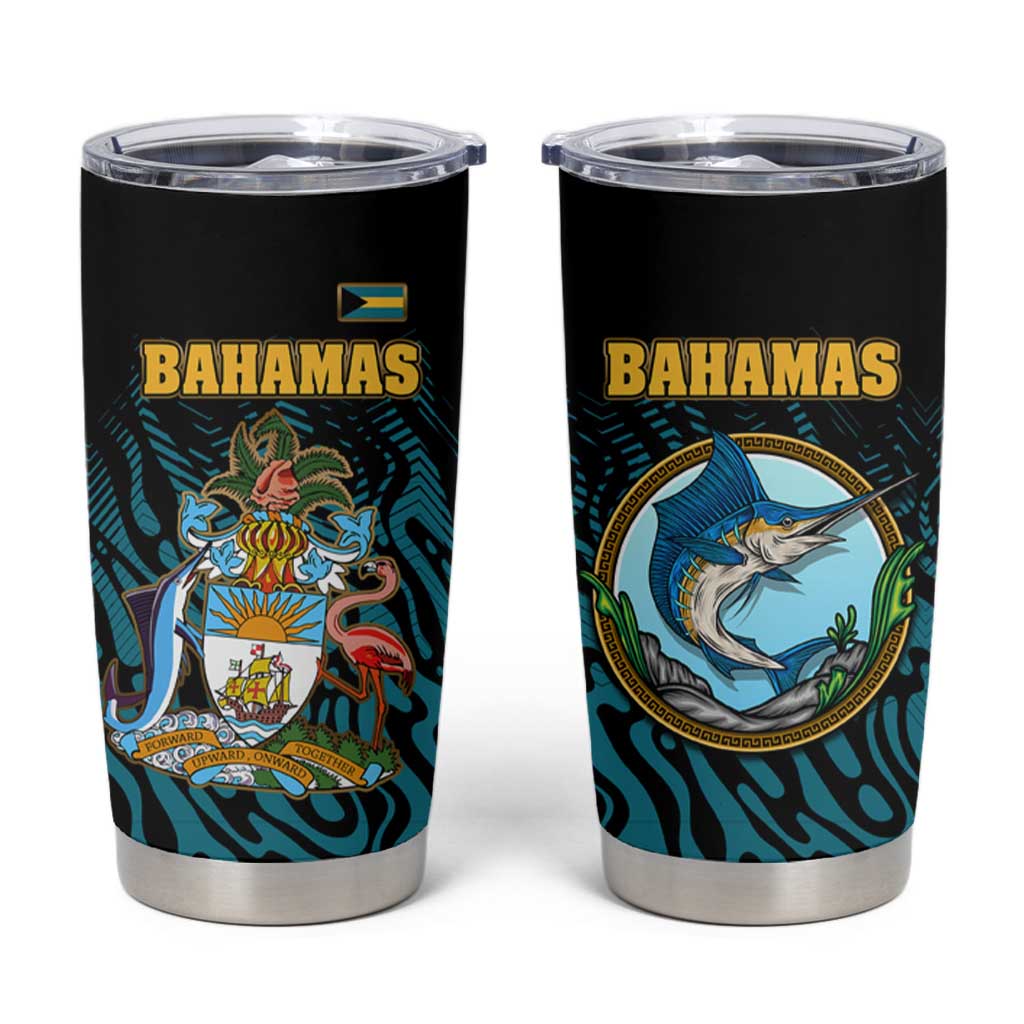 Bahamas Coat of Arms and Flag Tumbler Cup with Blue Coral Pattern and Marlin Crest - Wonder Print Shop