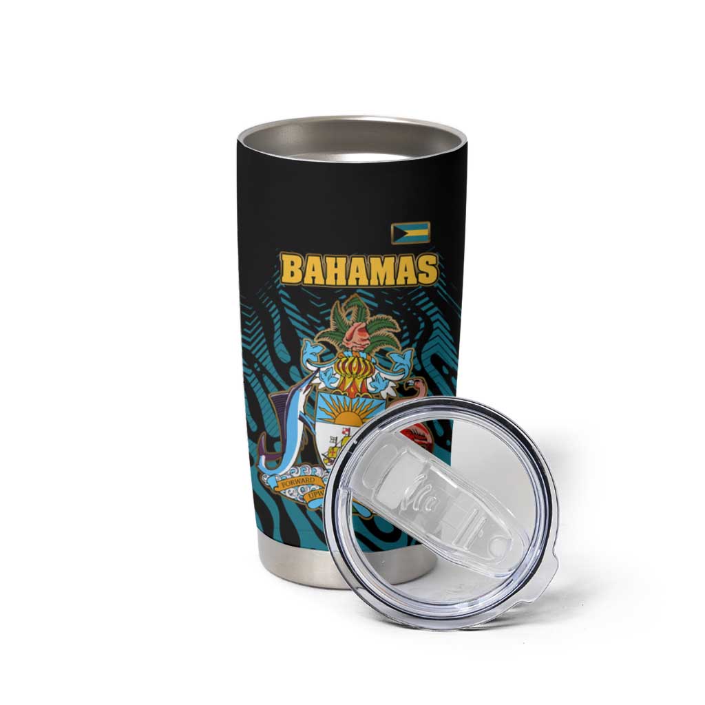Bahamas Coat of Arms and Flag Tumbler Cup with Blue Coral Pattern and Marlin Crest - Wonder Print Shop