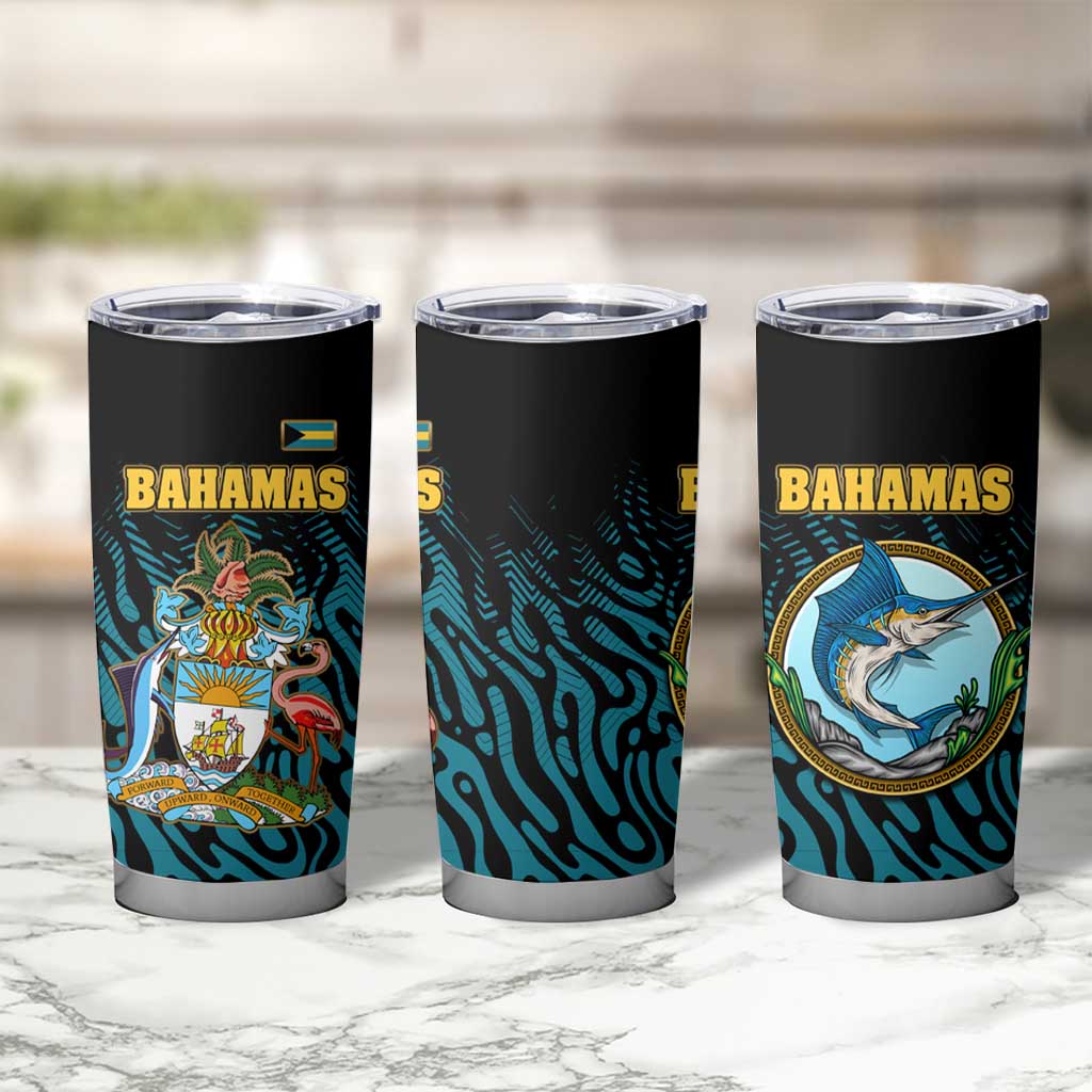 Bahamas Coat of Arms and Flag Tumbler Cup with Blue Coral Pattern and Marlin Crest - Wonder Print Shop