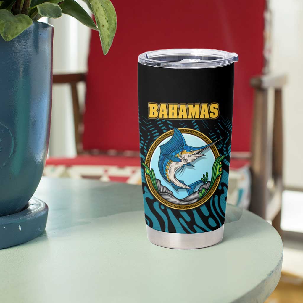Bahamas Coat of Arms and Flag Tumbler Cup with Blue Coral Pattern and Marlin Crest - Wonder Print Shop
