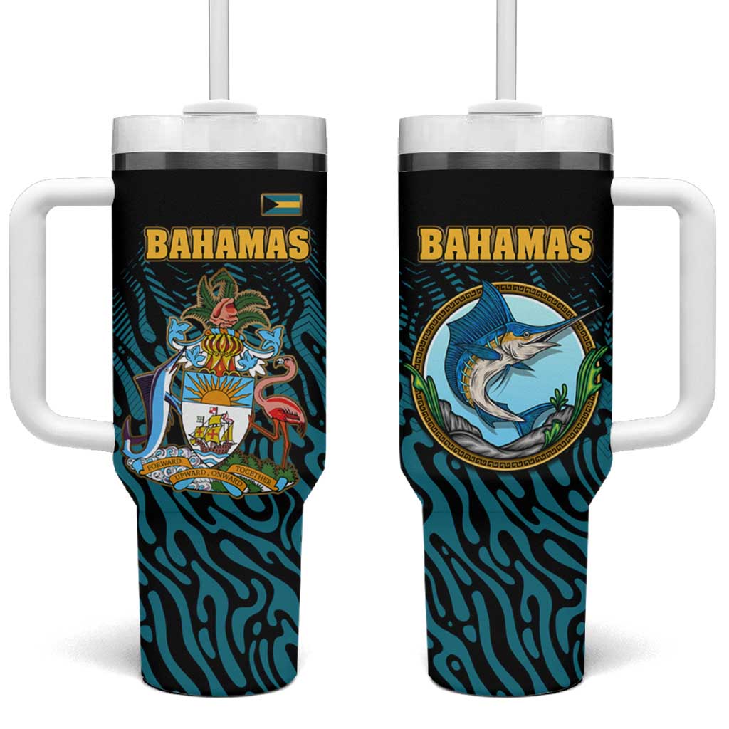 Bahamas Coat of Arms and Flag Tumbler With Handle with Blue Coral Pattern and Marlin Crest - Wonder Print Shop
