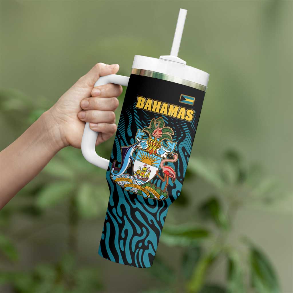 Bahamas Coat of Arms and Flag Tumbler With Handle with Blue Coral Pattern and Marlin Crest - Wonder Print Shop