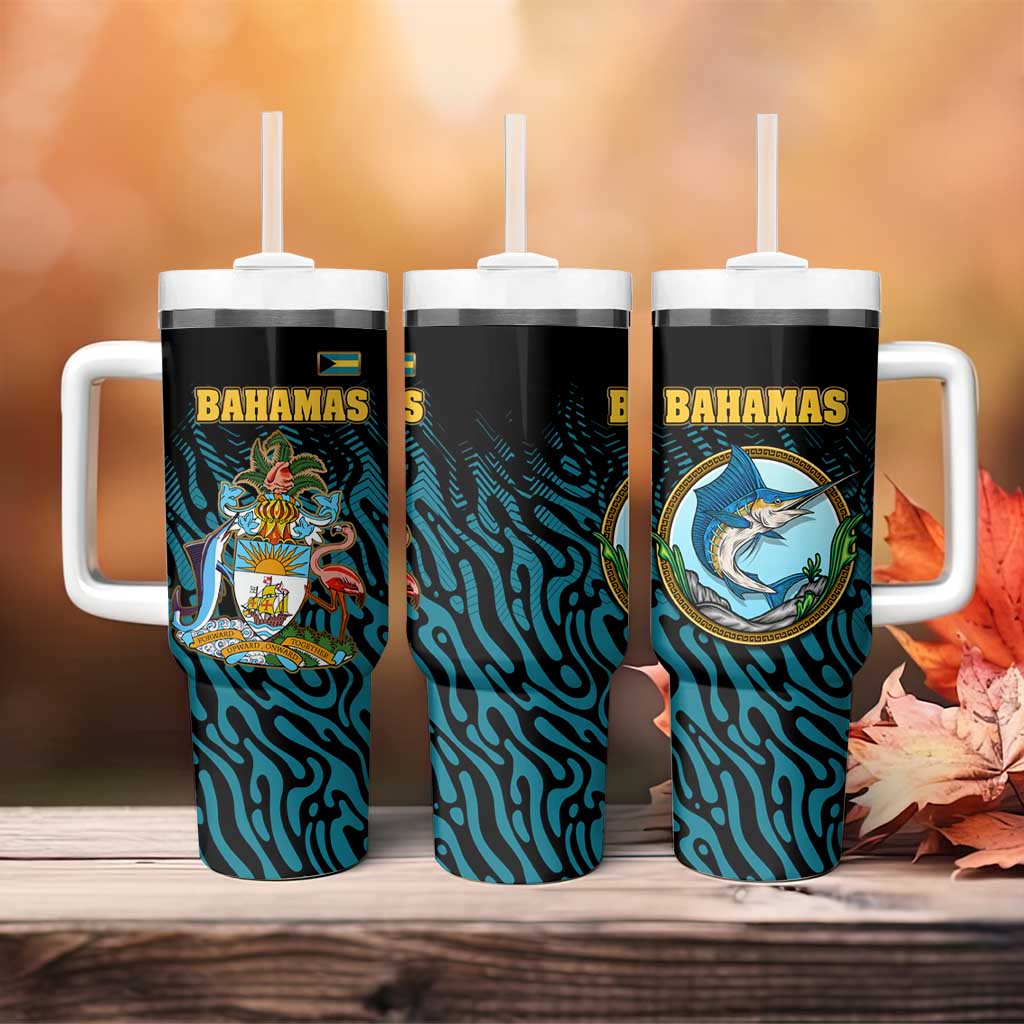 Bahamas Coat of Arms and Flag Tumbler With Handle with Blue Coral Pattern and Marlin Crest - Wonder Print Shop