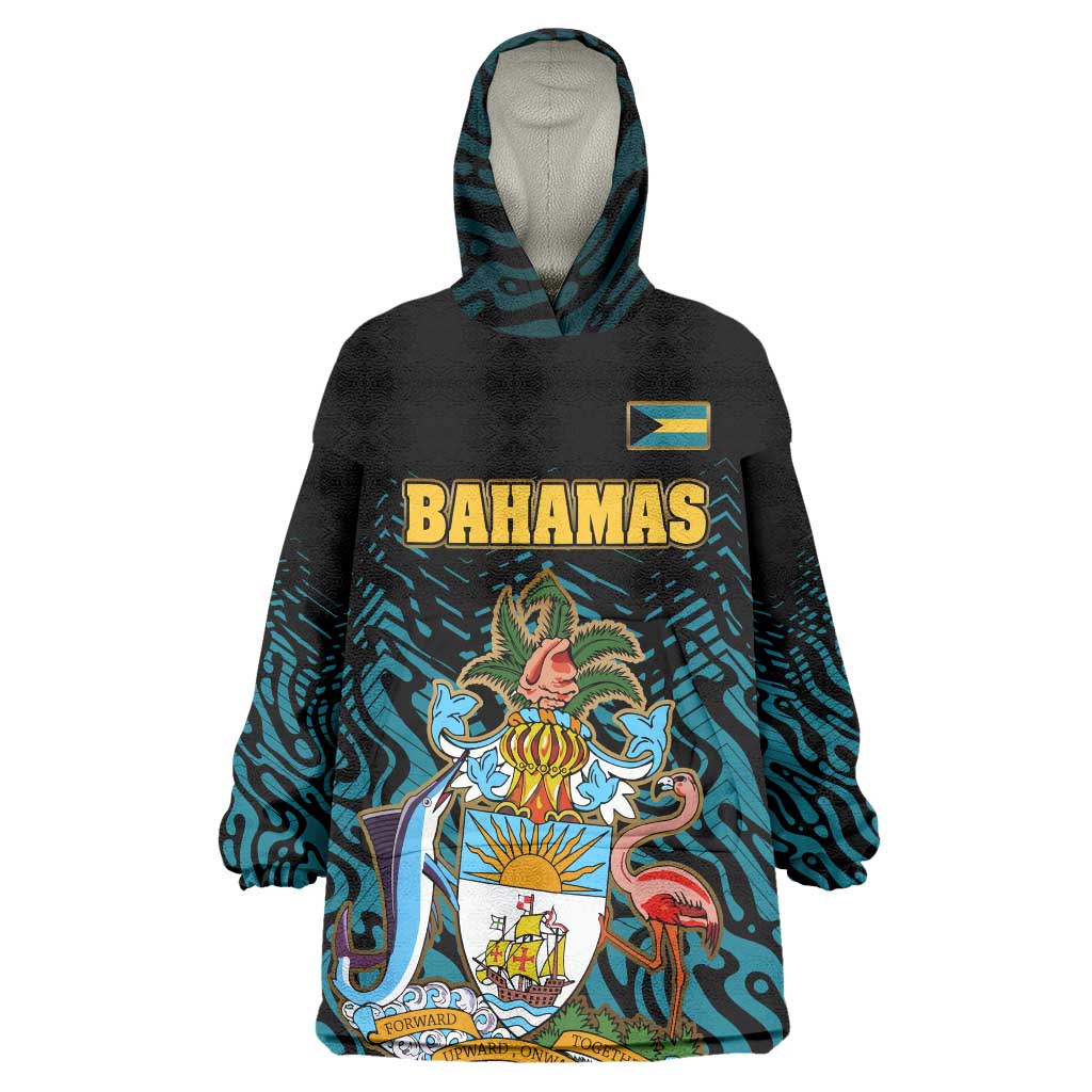 Bahamas Coat of Arms and Flag Wearable Blanket Hoodie with Blue Coral Pattern and Marlin Crest - Wonder Print Shop