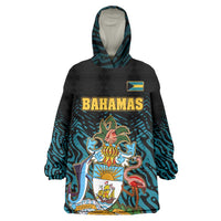 Bahamas Coat of Arms and Flag Wearable Blanket Hoodie with Blue Coral Pattern and Marlin Crest - Wonder Print Shop