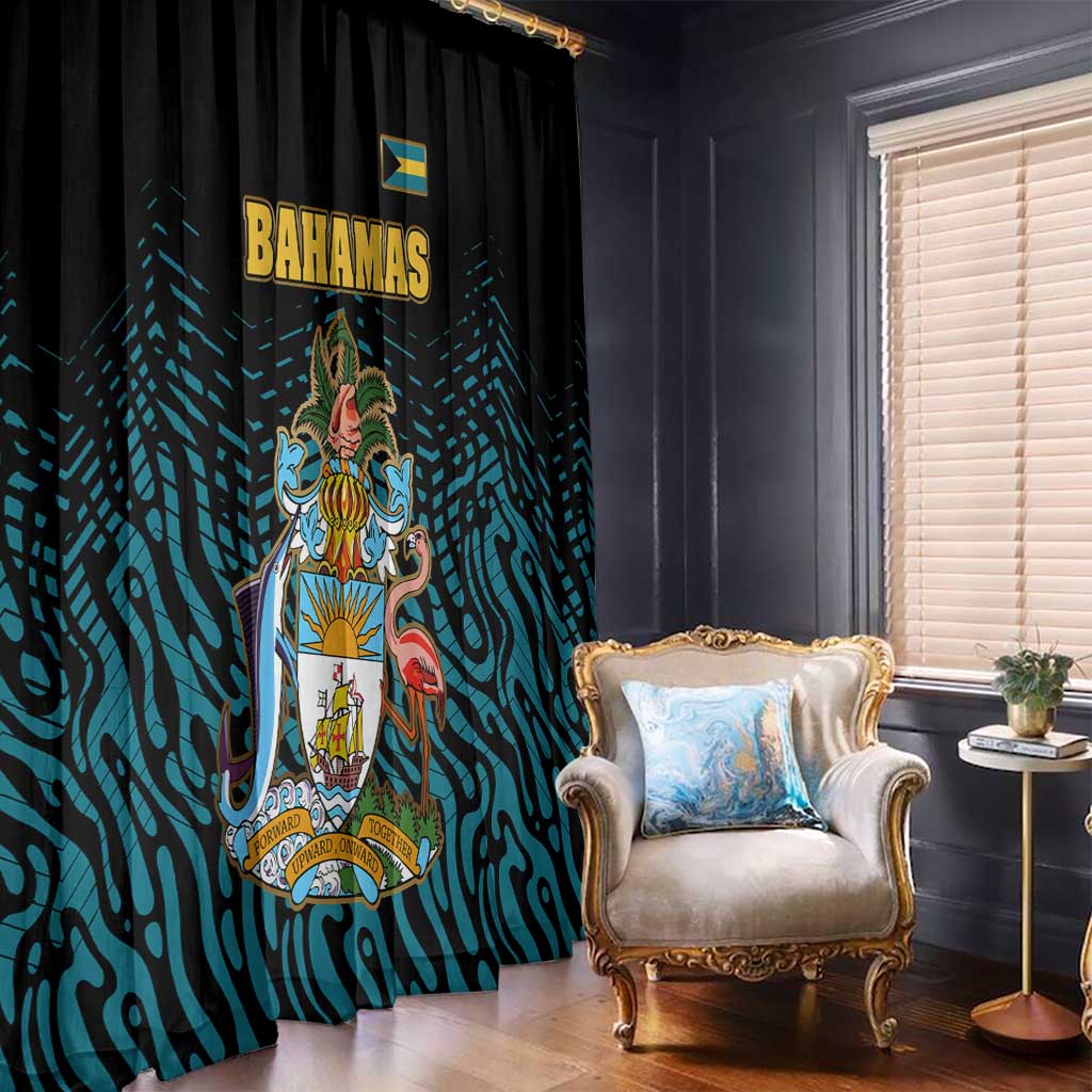 Bahamas Coat of Arms and Flag Window Curtain with Blue Coral Pattern and Marlin Crest - Wonder Print Shop
