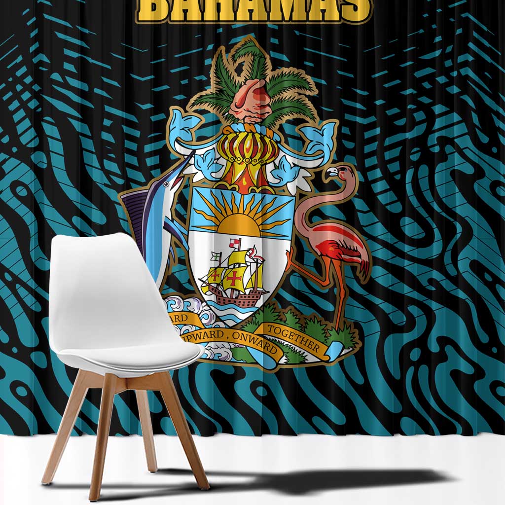 Bahamas Coat of Arms and Flag Window Curtain with Blue Coral Pattern and Marlin Crest - Wonder Print Shop