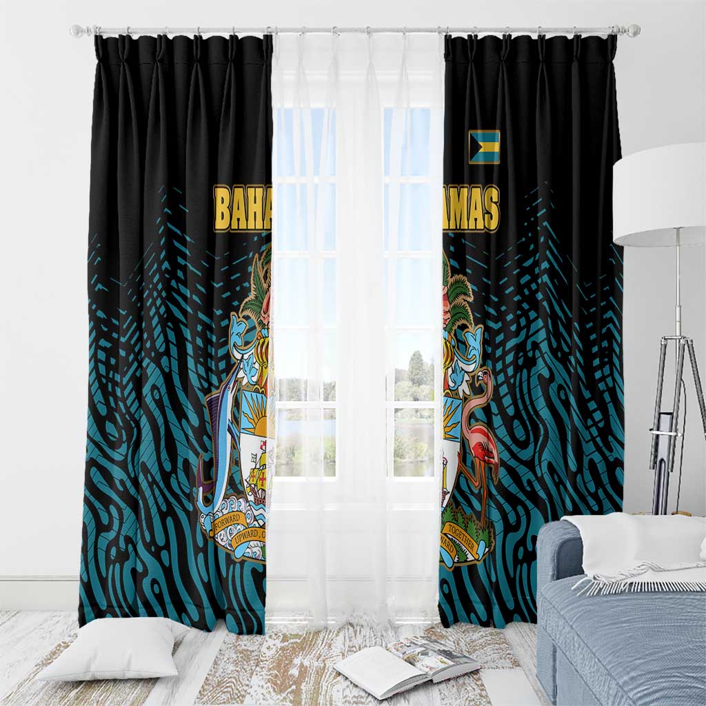 Bahamas Coat of Arms and Flag Window Curtain with Blue Coral Pattern and Marlin Crest - Wonder Print Shop