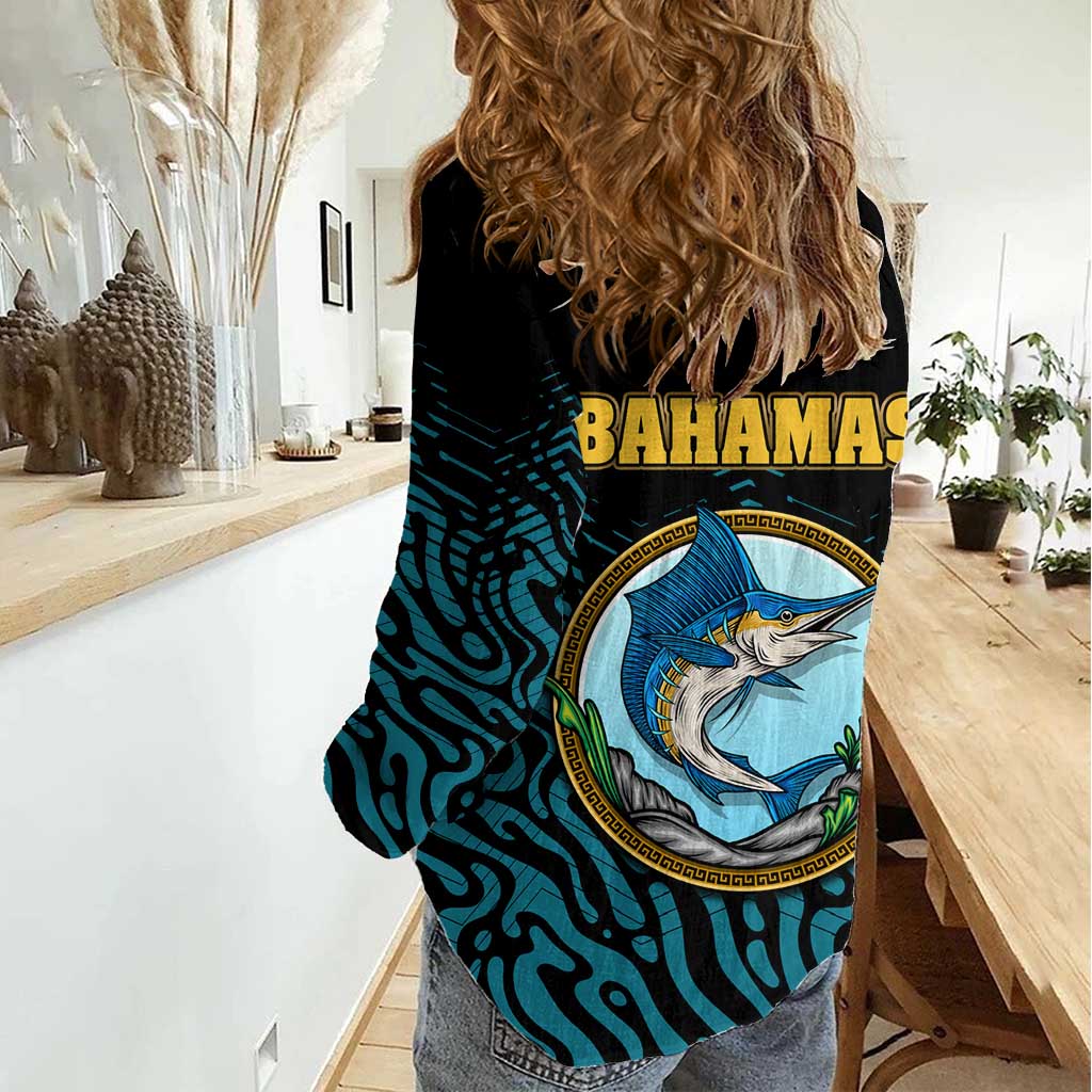 Bahamas Coat of Arms and Flag Women Casual Shirt with Blue Coral Pattern and Marlin Crest - Wonder Print Shop
