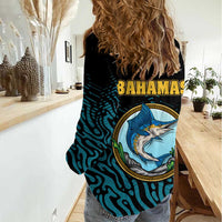 Bahamas Coat of Arms and Flag Women Casual Shirt with Blue Coral Pattern and Marlin Crest - Wonder Print Shop
