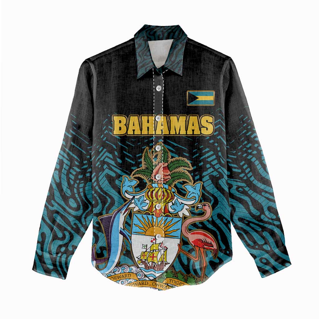 Bahamas Coat of Arms and Flag Women Casual Shirt with Blue Coral Pattern and Marlin Crest - Wonder Print Shop