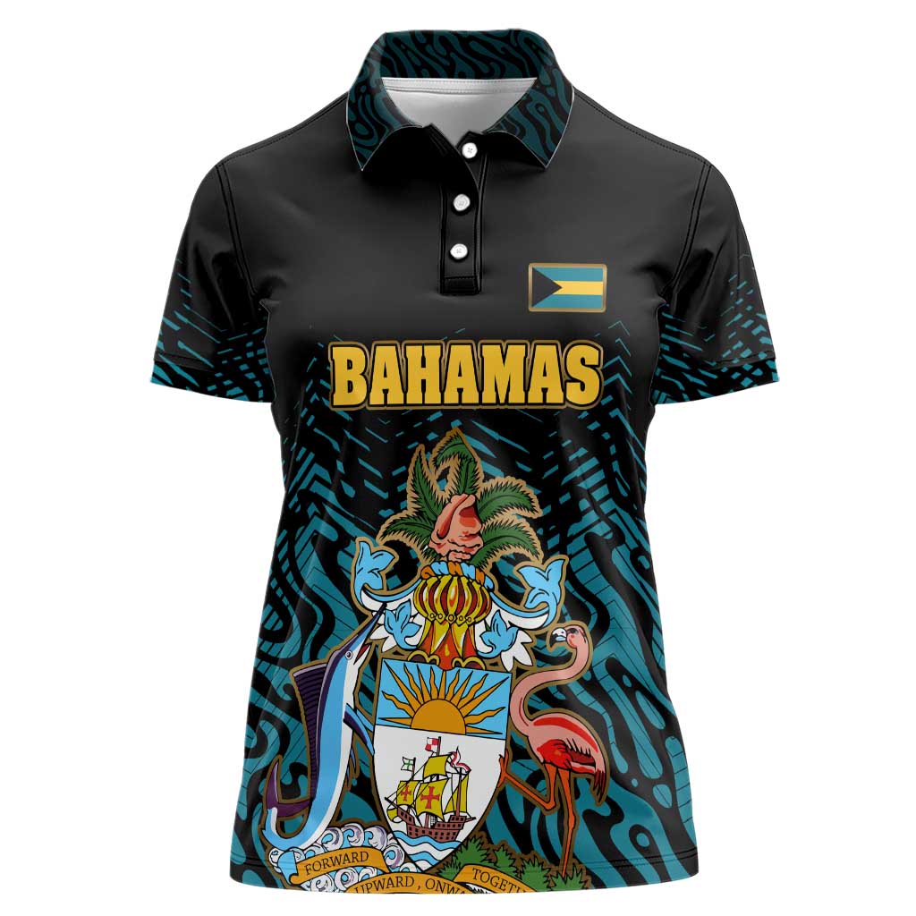 Bahamas Coat of Arms and Flag Women Polo Shirt with Blue Coral Pattern and Marlin Crest - Wonder Print Shop