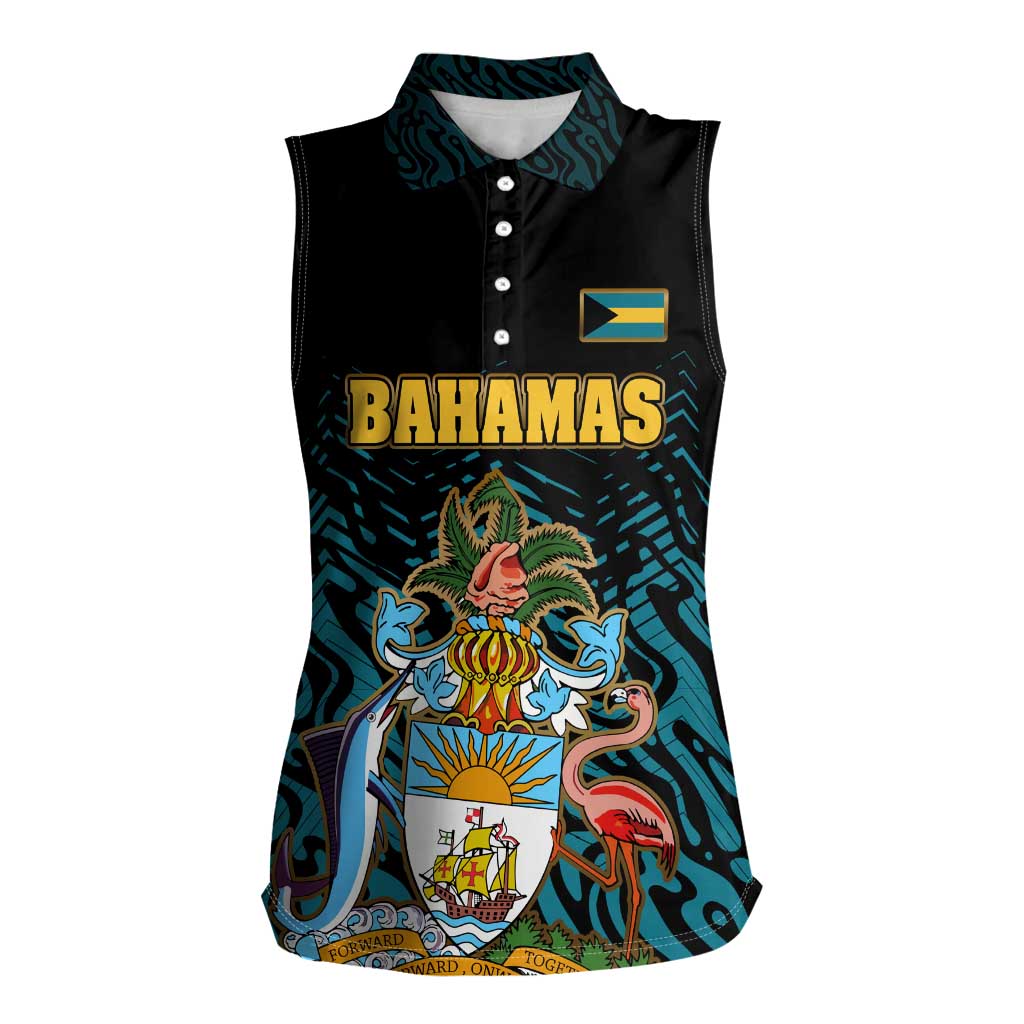 Bahamas Coat of Arms and Flag Women Sleeveless Polo Shirt with Blue Coral Pattern and Marlin Crest - Wonder Print Shop