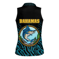 Bahamas Coat of Arms and Flag Women Sleeveless Polo Shirt with Blue Coral Pattern and Marlin Crest - Wonder Print Shop