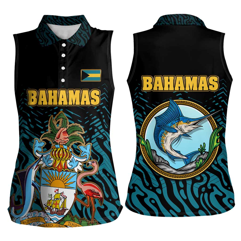 Bahamas Coat of Arms and Flag Women Sleeveless Polo Shirt with Blue Coral Pattern and Marlin Crest - Wonder Print Shop