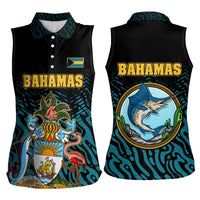 Bahamas Coat of Arms and Flag Women Sleeveless Polo Shirt with Blue Coral Pattern and Marlin Crest - Wonder Print Shop