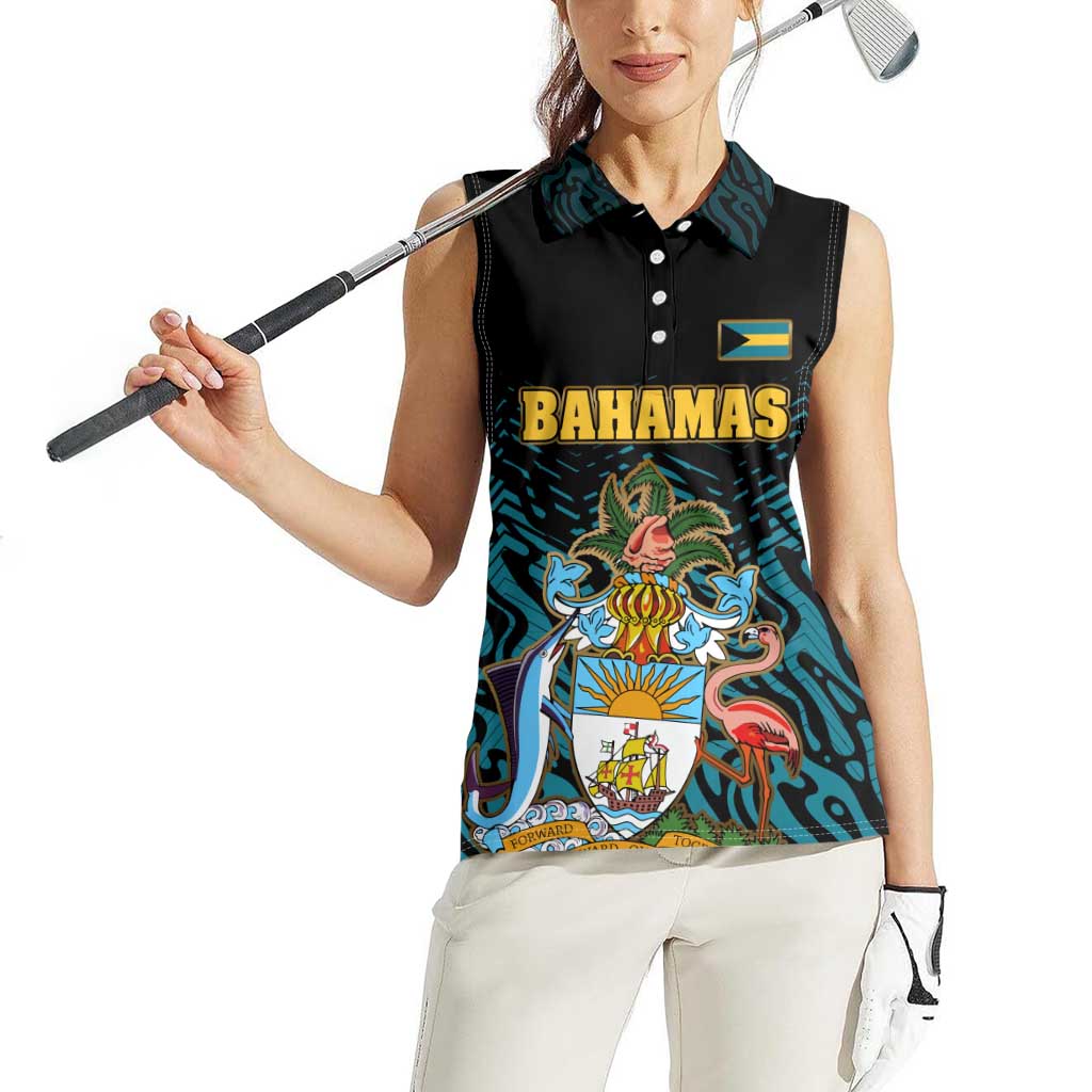 Bahamas Coat of Arms and Flag Women Sleeveless Polo Shirt with Blue Coral Pattern and Marlin Crest - Wonder Print Shop