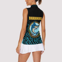 Bahamas Coat of Arms and Flag Women Sleeveless Polo Shirt with Blue Coral Pattern and Marlin Crest - Wonder Print Shop