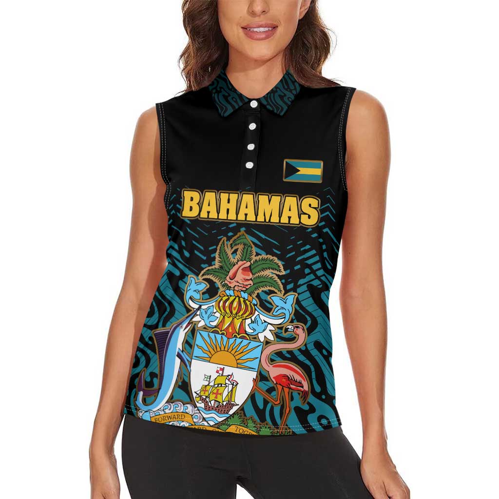 Bahamas Coat of Arms and Flag Women Sleeveless Polo Shirt with Blue Coral Pattern and Marlin Crest - Wonder Print Shop