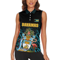 Bahamas Coat of Arms and Flag Women Sleeveless Polo Shirt with Blue Coral Pattern and Marlin Crest - Wonder Print Shop